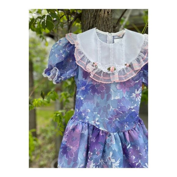Vintage 80s Princess Party Dress Puff Sleeve Ruffle Collar Lace Rosebuds Waterco - Picture 5 of 6